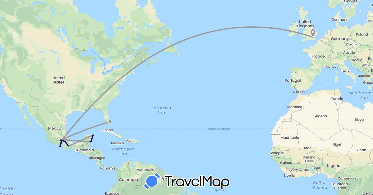 TravelMap itinerary: driving, plane in United Kingdom, Mexico, United States (Europe, North America)
